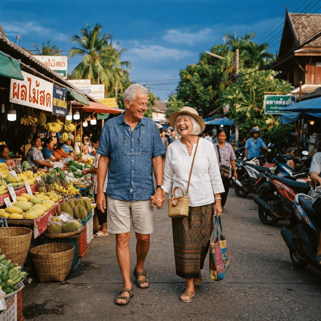 Seniorenpaar geniesst den Alltag auf einem Markt in Thailand