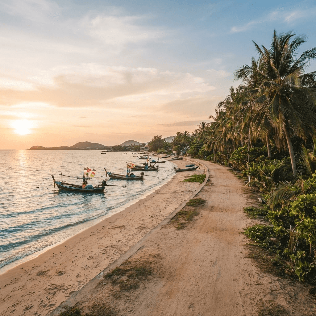 Ruhige Strandpromenade mit Palmen in Pak Nam Pran, Thailand, bei Sonnenuntergang